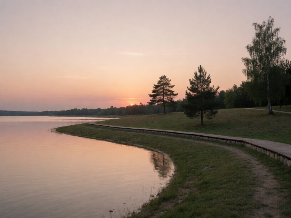 Вечерний берег Истринского водохранилища: спокойная вода, мягкий закат, прогулочная зона посёлка